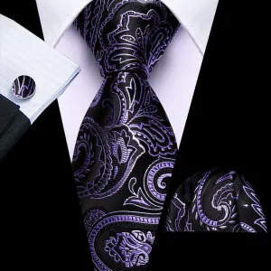 Black and Purple Orchid Floral Tie, Pocket Square, and Cufflinks Set