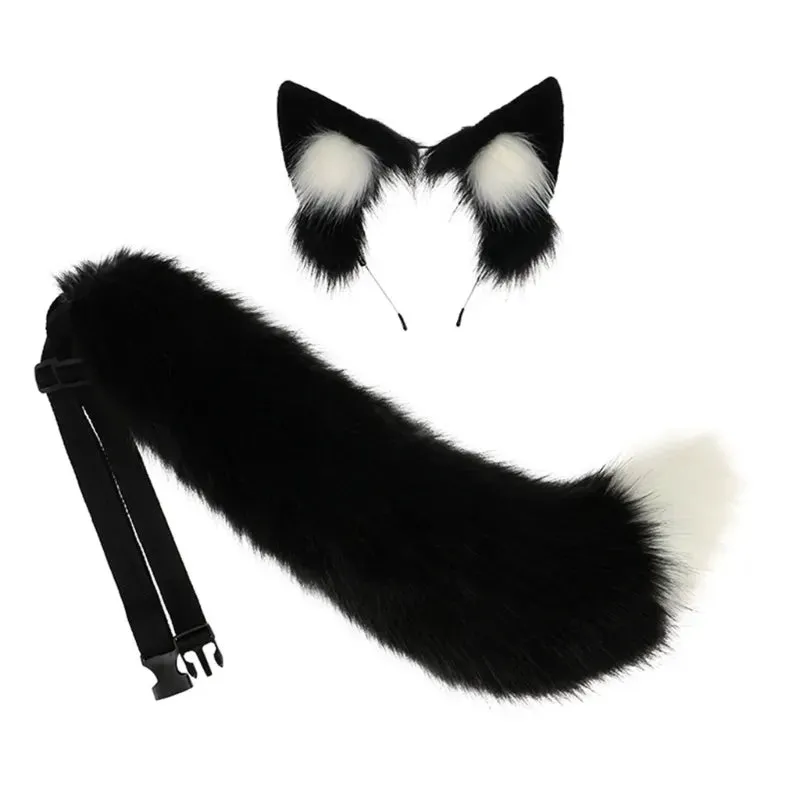 Creative Simulation Animal Cosplay Props Husky Dog Ears Headband Plush Tail Set Hair Accessories for Halloween Christmas