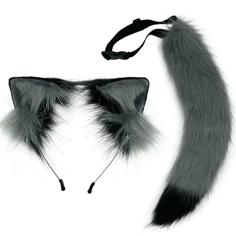 Creative Simulation Animal Cosplay Props Husky Dog Ears Headband Plush Tail Set Hair Accessories for Halloween Christmas