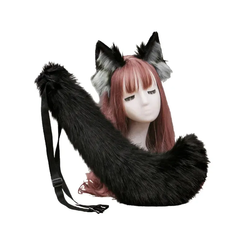 Creative Simulation Animal Cosplay Props Husky Dog Ears Headband Plush Tail Set Hair Accessories for Halloween Christmas