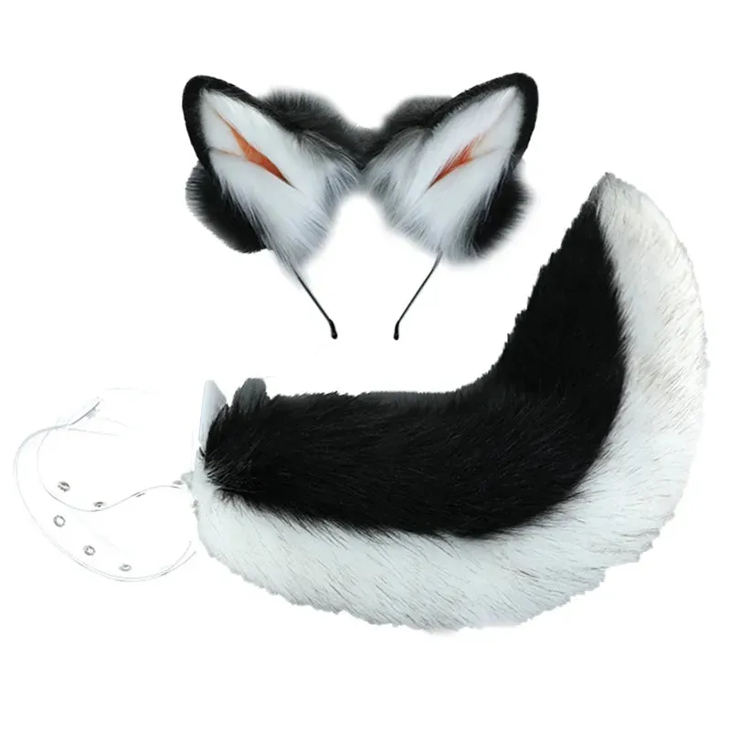 Creative Simulation Animal Cosplay Props Husky Dog Ears Headband Plush Tail Set Hair Accessories for Halloween Christmas