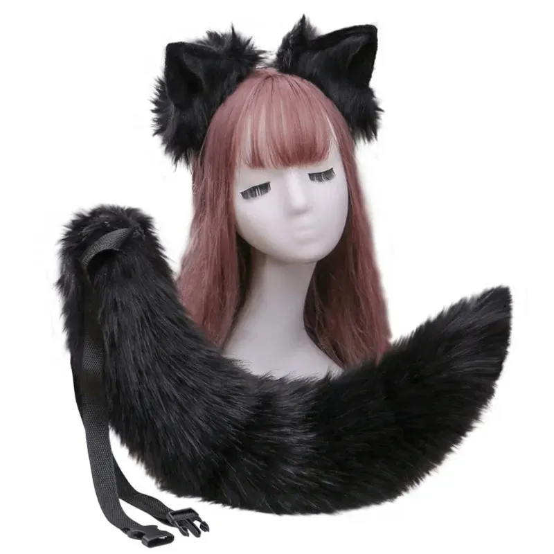 Creative Simulation Animal Cosplay Props Husky Dog Ears Headband Plush Tail Set Hair Accessories for Halloween Christmas