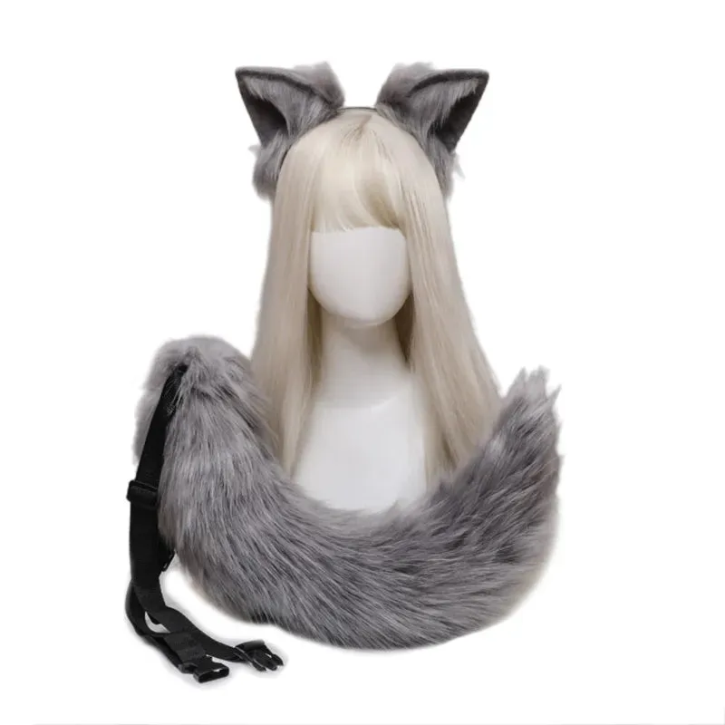 Creative Simulation Animal Cosplay Props Husky Dog Ears Headband Plush Tail Set Hair Accessories for Halloween Christmas