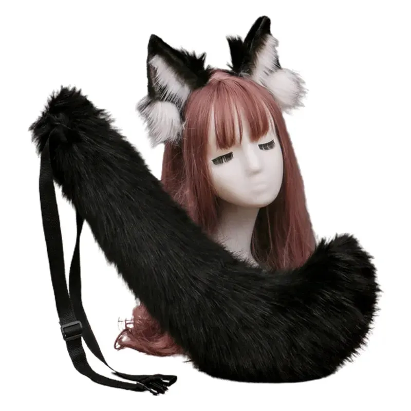 Creative Simulation Animal Cosplay Props Husky Dog Ears Headband Plush Tail Set Hair Accessories for Halloween Christmas