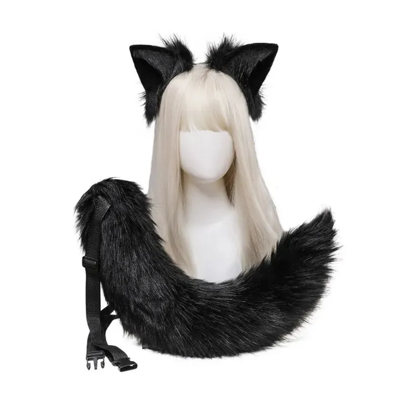 Creative Simulation Animal Cosplay Props Husky Dog Ears Headband Plush Tail Set Hair Accessories for Halloween Christmas