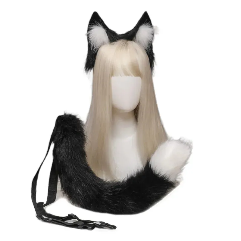Creative Simulation Animal Cosplay Props Husky Dog Ears Headband Plush Tail Set Hair Accessories for Halloween Christmas