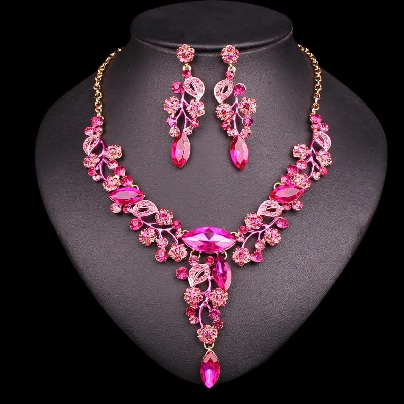 Crystal Leaves Flowers Bridal Jewelry Set