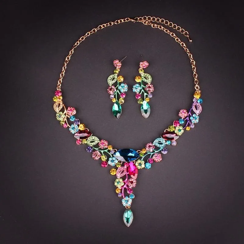 Crystal Leaves Flowers Bridal Jewelry Set