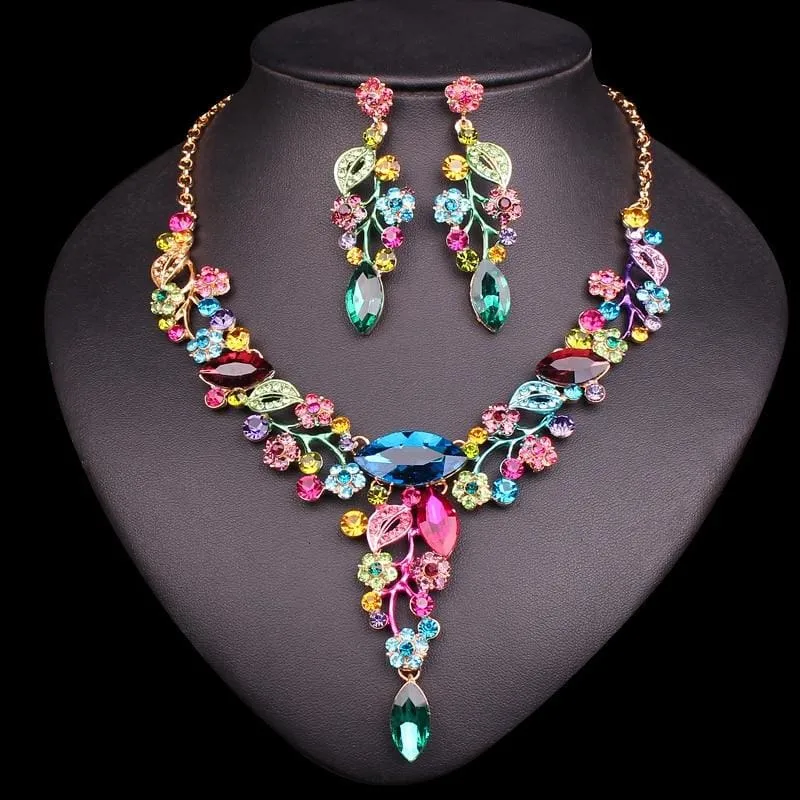 Crystal Leaves Flowers Bridal Jewelry Set