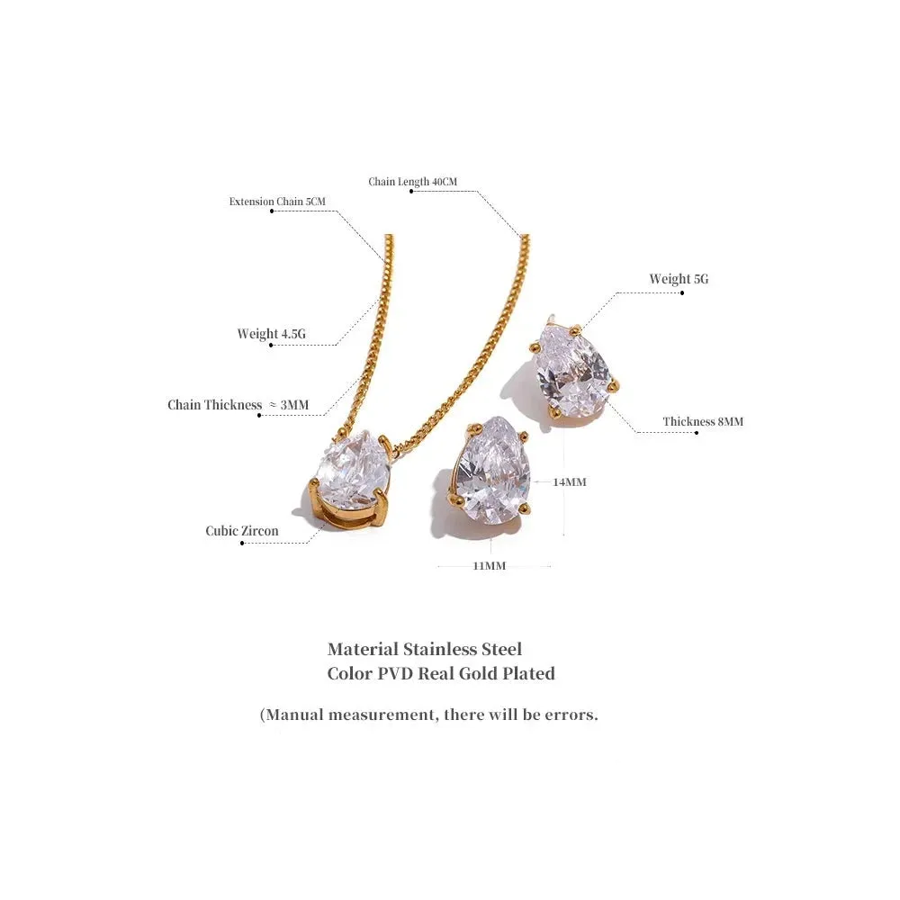 Delicate Shiny Cubic Zirconia Stainless Steel Water Drop Pendant Necklace Stud Earrings Waterproof Jewelry Chic Party Gift