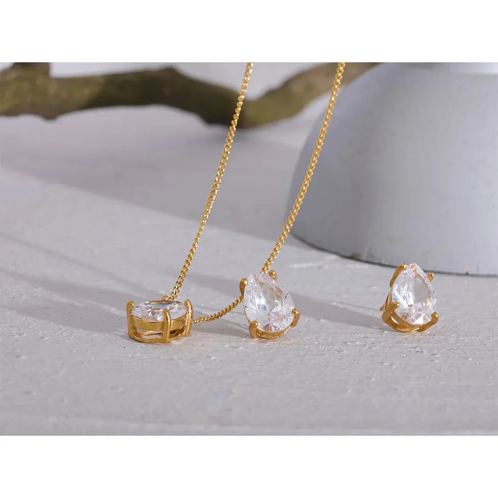 Delicate Shiny Cubic Zirconia Stainless Steel Water Drop Pendant Necklace Stud Earrings Waterproof Jewelry Chic Party Gift