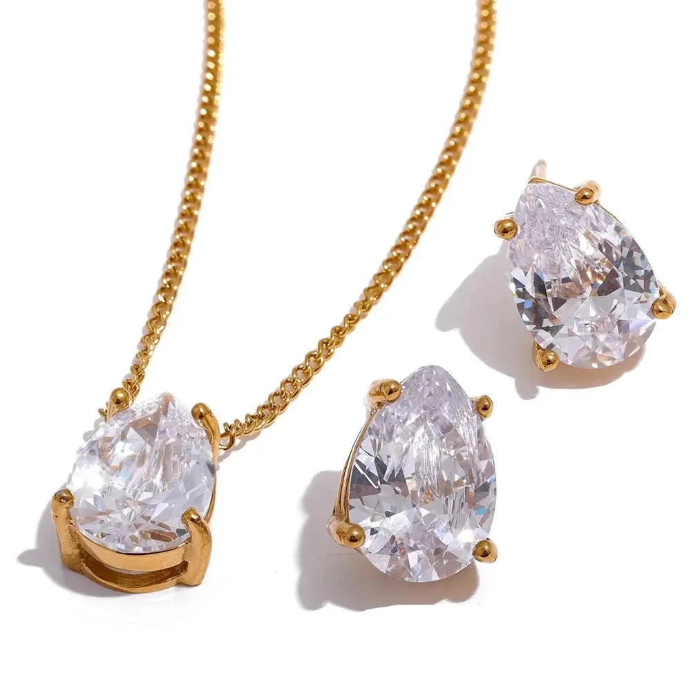 Delicate Shiny Cubic Zirconia Stainless Steel Water Drop Pendant Necklace Stud Earrings Waterproof Jewelry Chic Party Gift