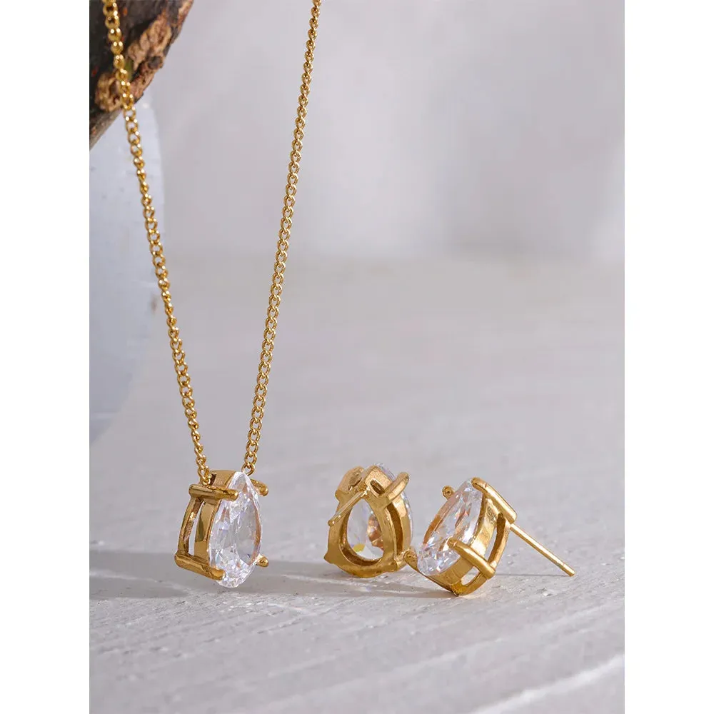 Delicate Shiny Cubic Zirconia Stainless Steel Water Drop Pendant Necklace Stud Earrings Waterproof Jewelry Chic Party Gift