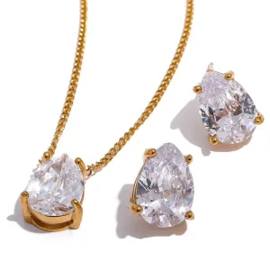 Delicate Shiny Cubic Zirconia Stainless Steel Water Drop Pendant Necklace Stud Earrings Waterproof Jewelry Chic Party Gift