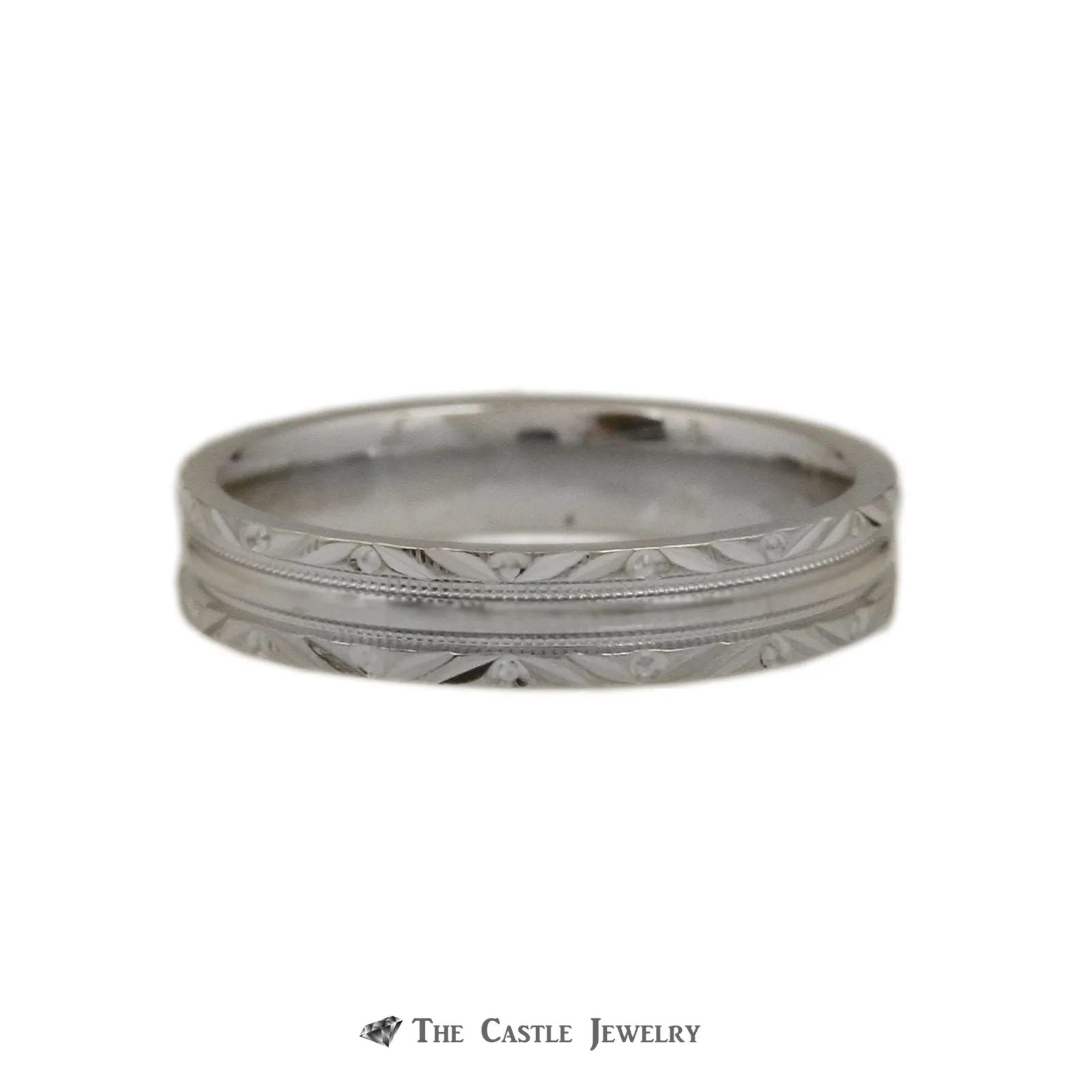 Diamond Cut Design 4mm Wedding Band with Ridged Center Crafted in 14k White Gold