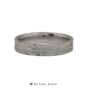 Diamond Cut Design 4mm Wedding Band with Ridged Center Crafted in 14k White Gold