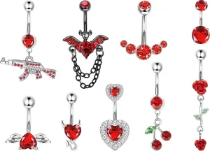Drperfect 9PCS Belly Button Rings 316L Surgical Stainless Steel Belly Piercing 14G Cute Pink CZ Dangle Belly Rings Curved Navel Rings Barbell Body Piercing Jewelry for Women