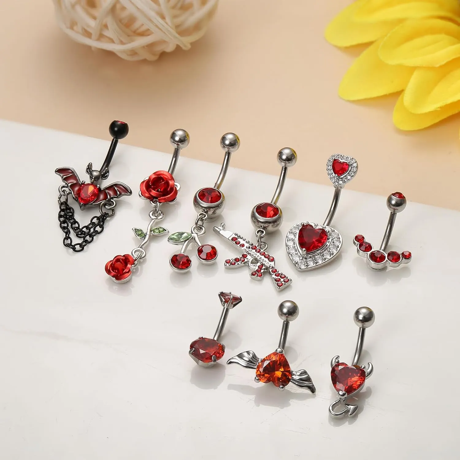 Drperfect 9PCS Belly Button Rings 316L Surgical Stainless Steel Belly Piercing 14G Cute Pink CZ Dangle Belly Rings Curved Navel Rings Barbell Body Piercing Jewelry for Women