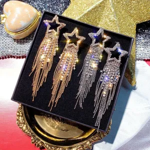 Fashion Long Tassel Crystal Earrings for Women Bijoux Luxury Shiny Gold Color Star Dangle Earrings Jewelry