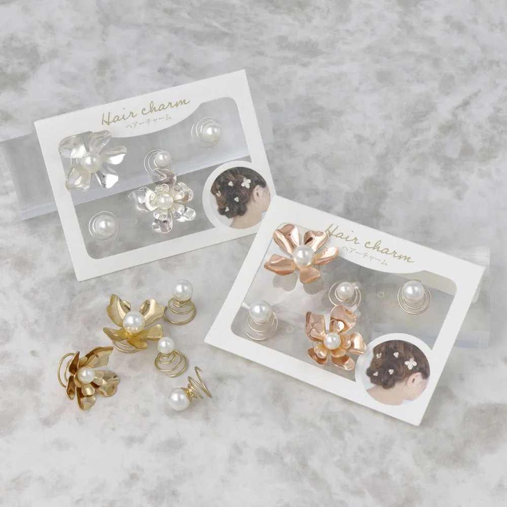 Flower and Pearl Spiral Hairpin Set