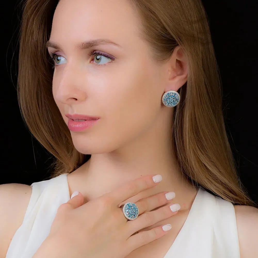 GEM'S BALLET Natural Swiss Blue Topaz Gemstone Jewelry Sets 925 Sterling Silver Gorgeous Earrings Ring Pendant Set For Women