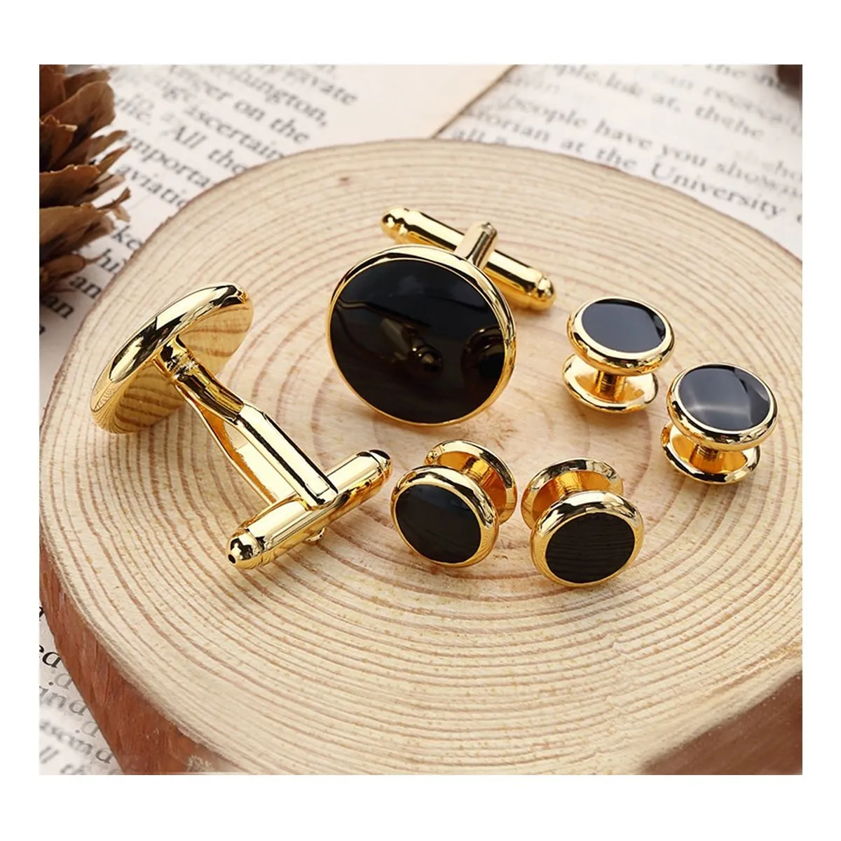 Gold Black Kurta Button Tuxedo Cufflinks In Box