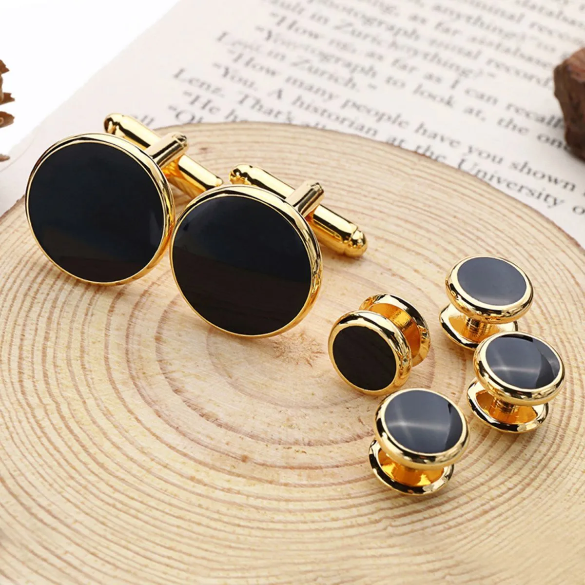 Gold Black Kurta Button Tuxedo Cufflinks In Box