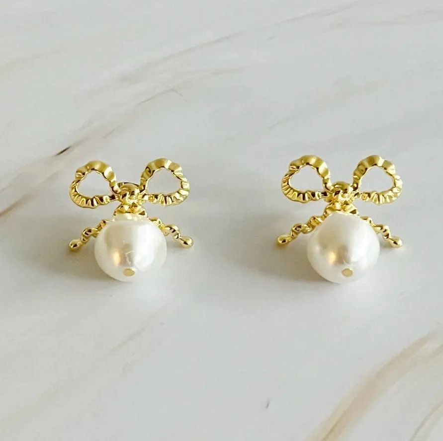 Gold Pearl Antique Bow Earrings