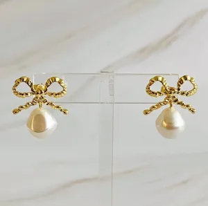 Gold Pearl Antique Bow Earrings