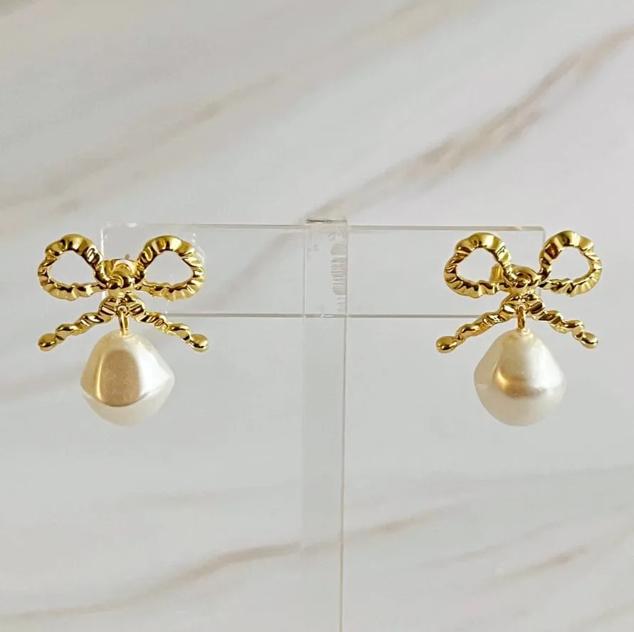 Gold Pearl Antique Bow Earrings