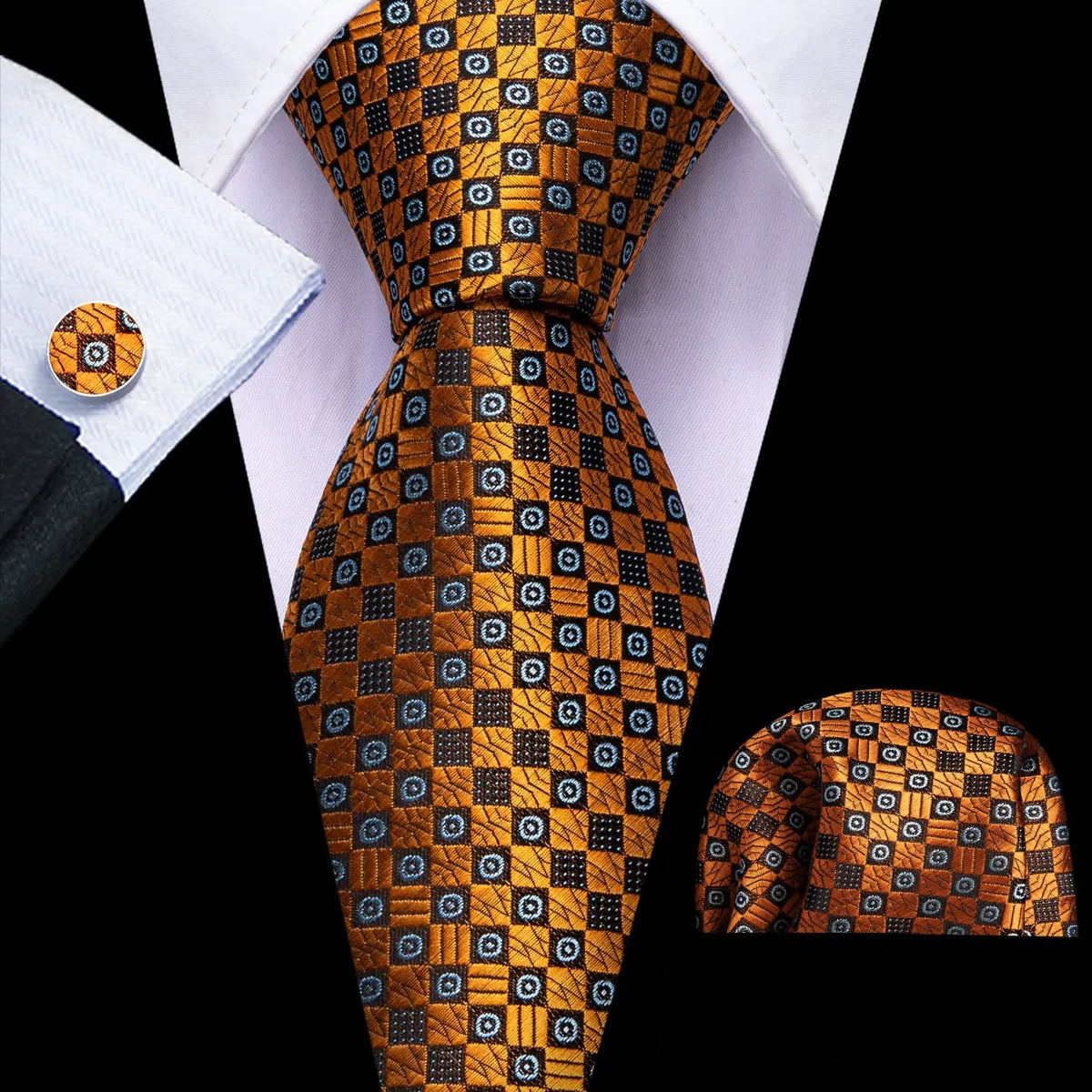 Golden and Black Novelty Tie, Pocket Square, and Cufflinks Set