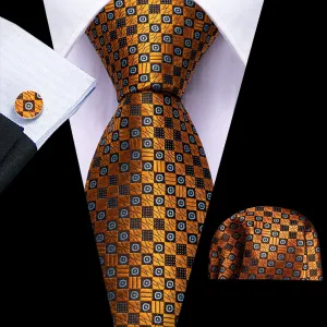 Golden and Black Novelty Tie, Pocket Square, and Cufflinks Set