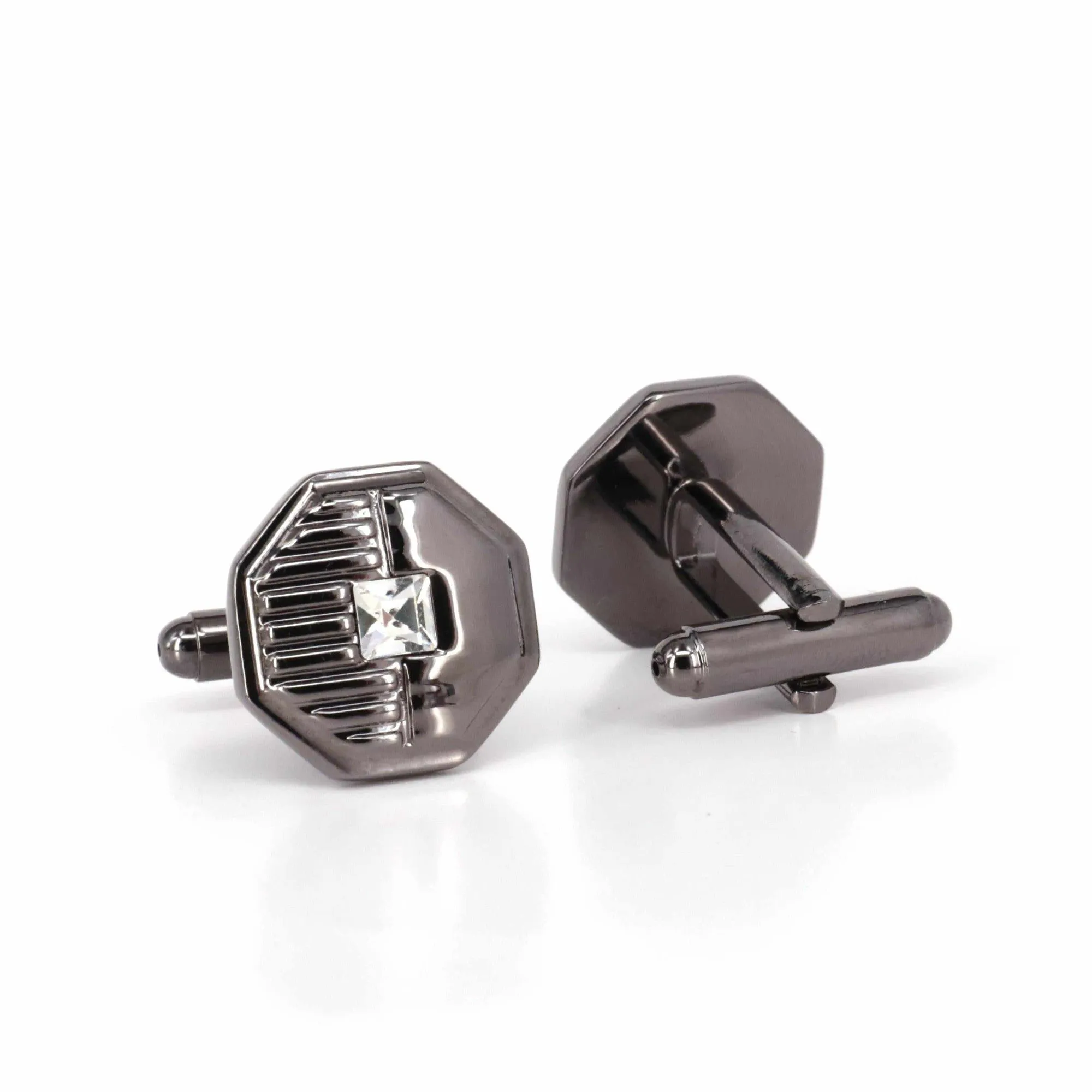 Gunmetal Hexagon with 1 clear diamond crystal Cufflinks  (Online Exclusive)