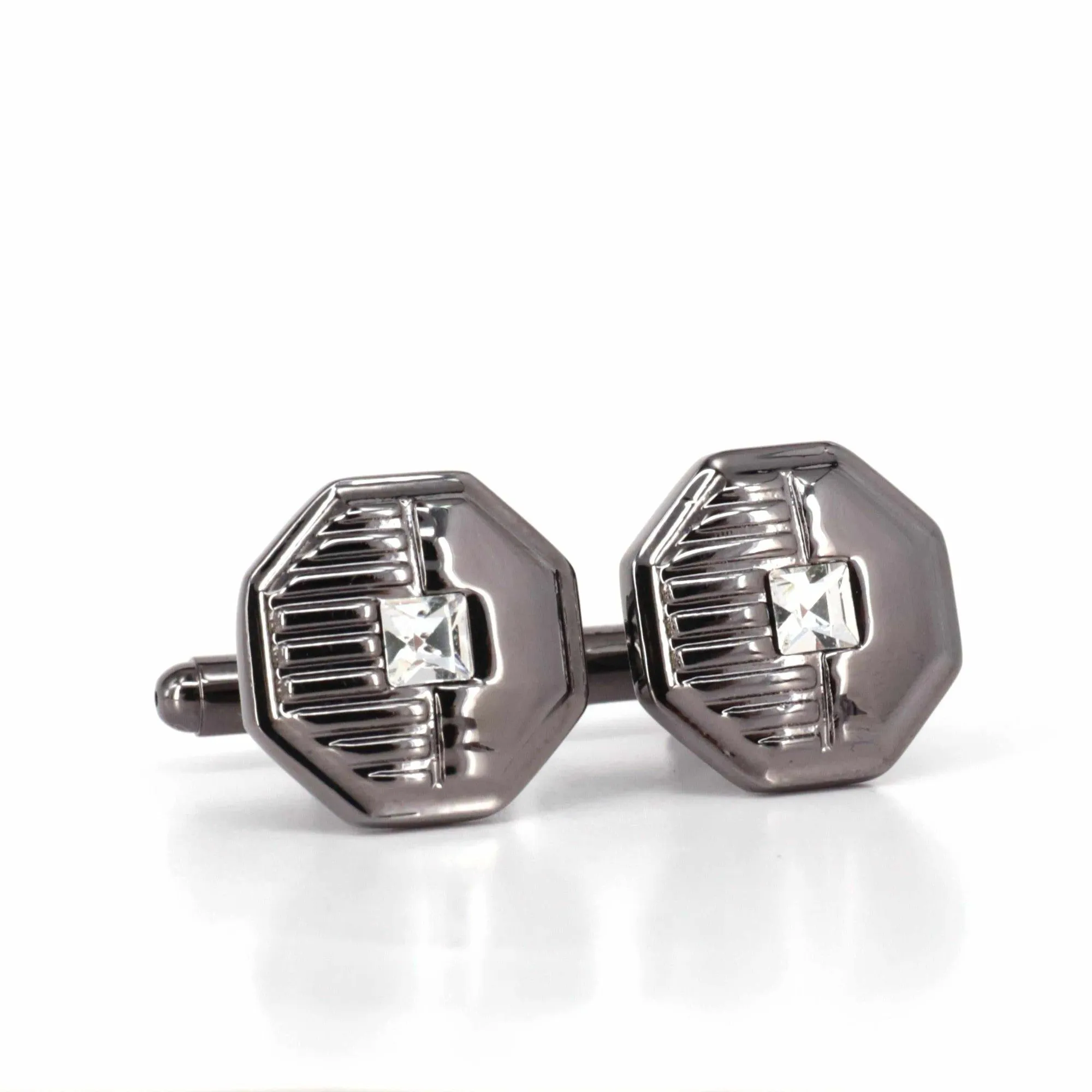 Gunmetal Hexagon with 1 clear diamond crystal Cufflinks  (Online Exclusive)