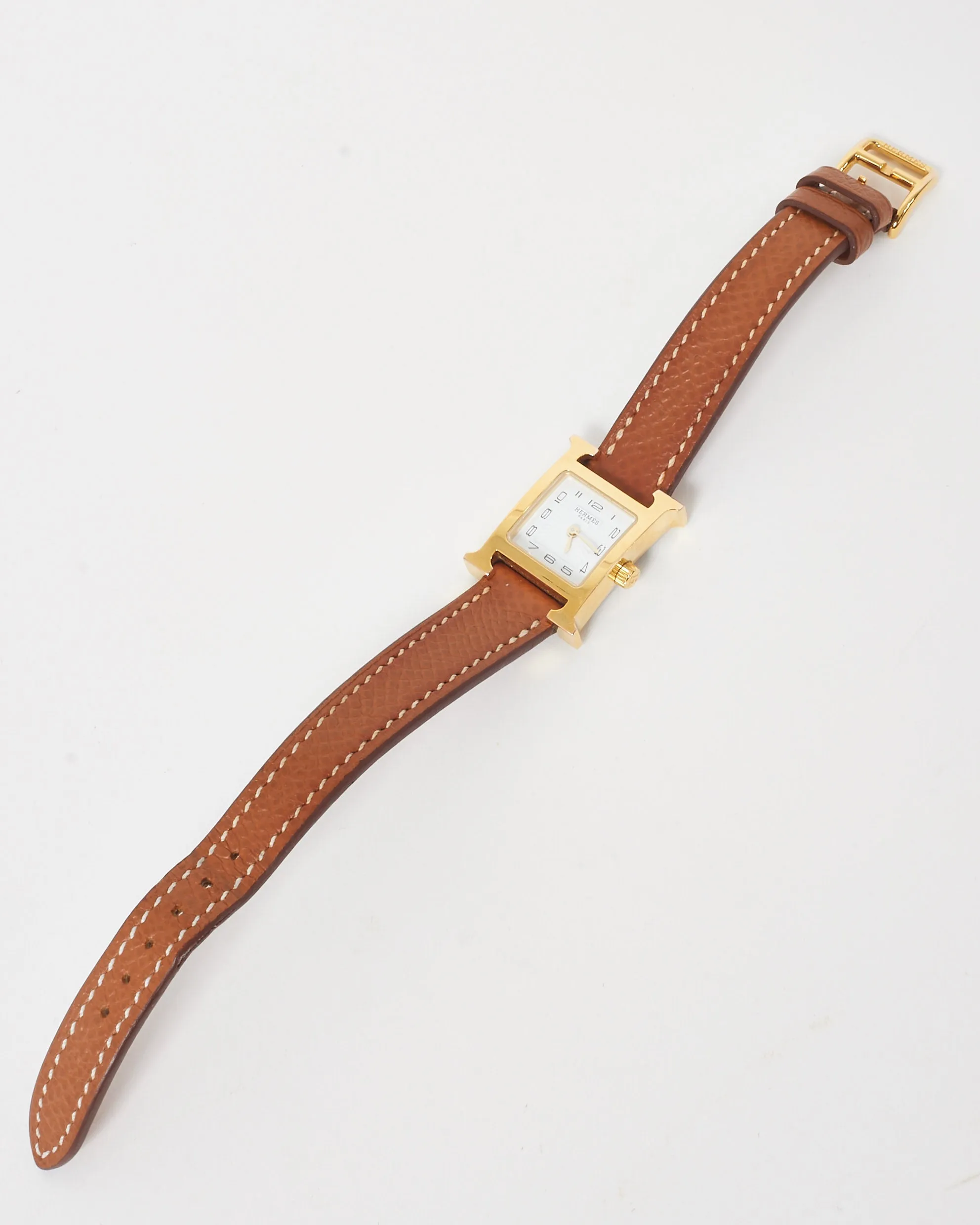 Hermès Gold Epsom Leather 18K Yellow Gold-Plated Heure H 21 mm Watch (Mini Model)