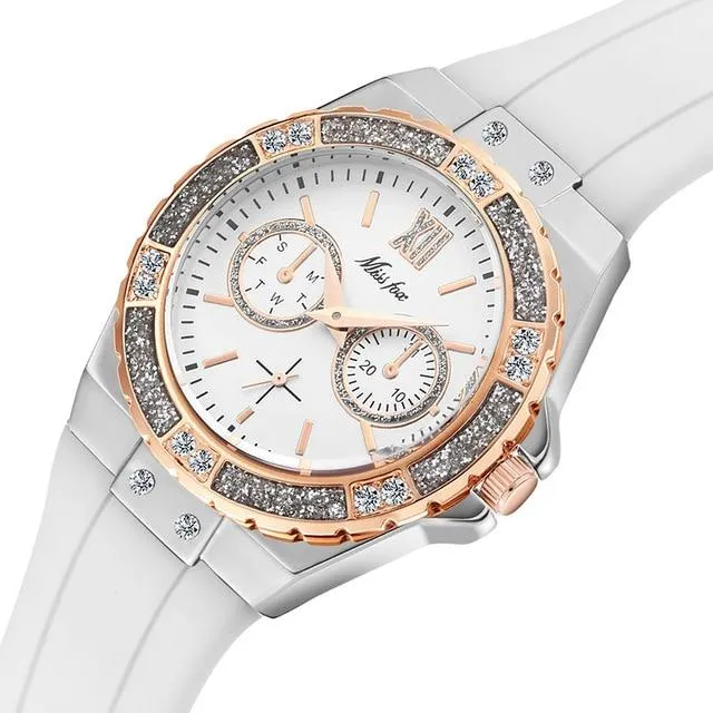 Ladies Diamond Rose Gold Blue Rubber Band Analog Chronograph Sport Watches