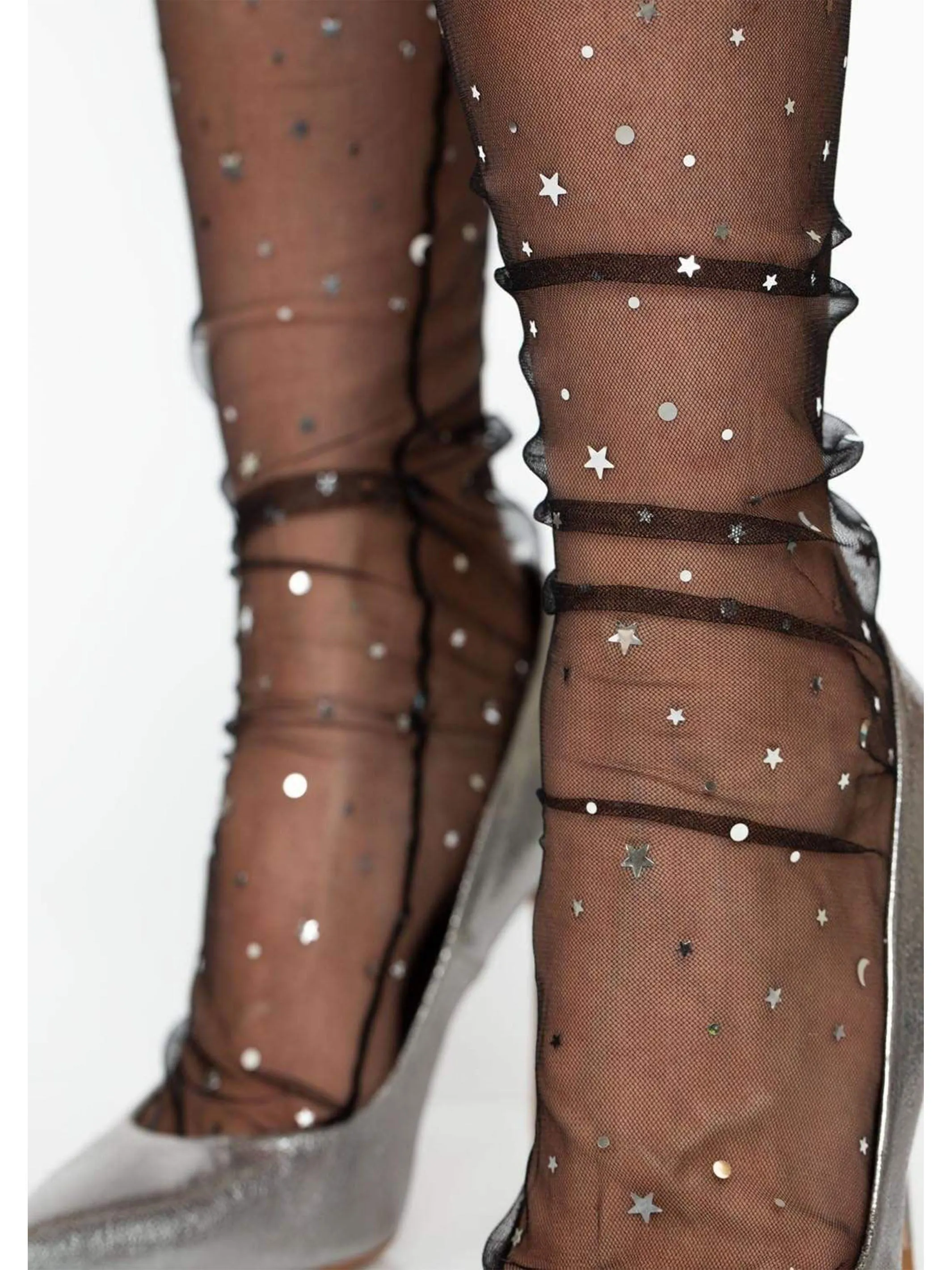 Midnight Sheer Tulle Star and Moon Socks in Black