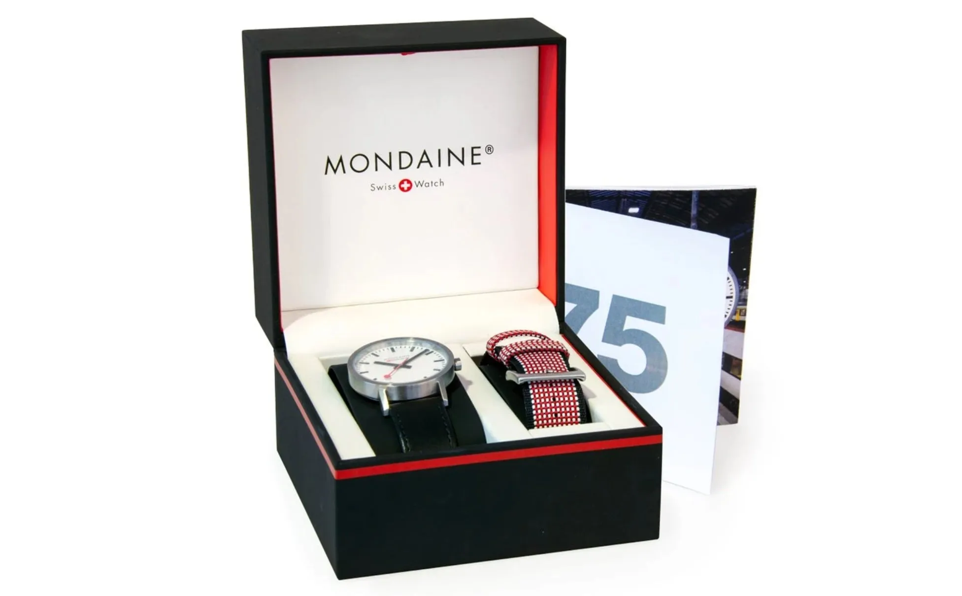 Mondaine CLASSIC 75 YEARS ANNIVERSARY SET 30mm, black leather watch, A658.30323.75SET
