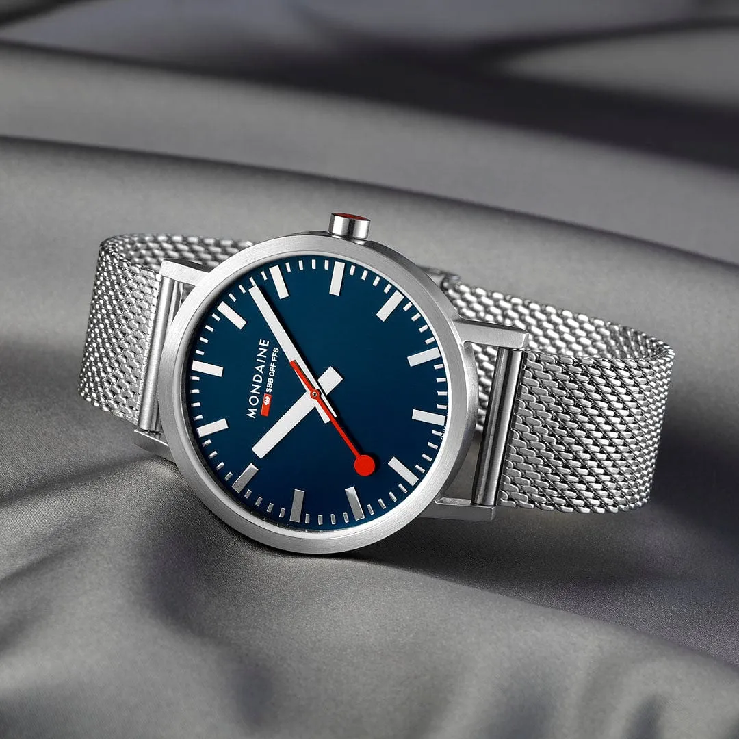 MONDAINE CLASSIC DEEP OCEAN BLUE LARGE SILVER-CASE WATCH A660.30360.40SBJ  40MM