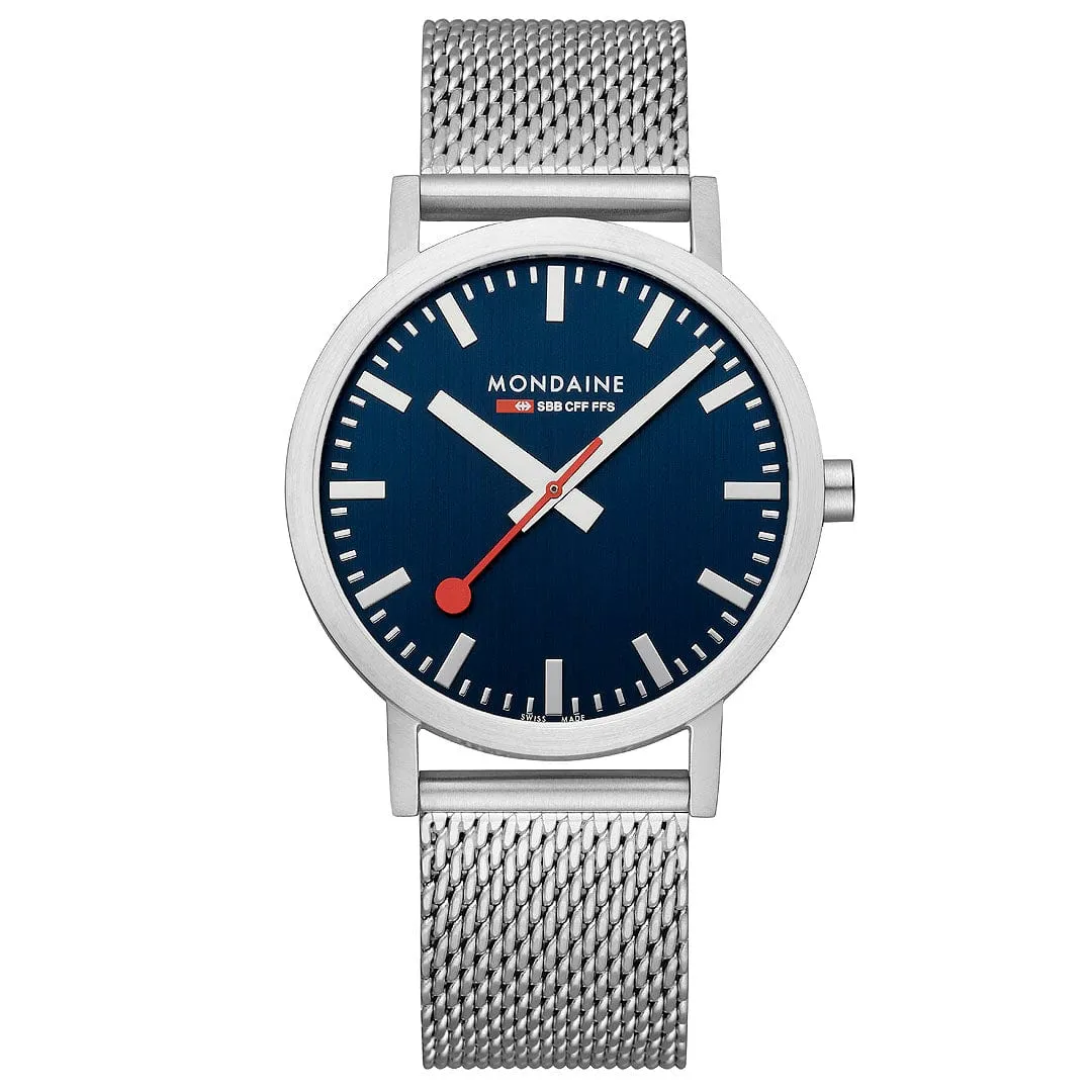 MONDAINE CLASSIC DEEP OCEAN BLUE LARGE SILVER-CASE WATCH A660.30360.40SBJ  40MM