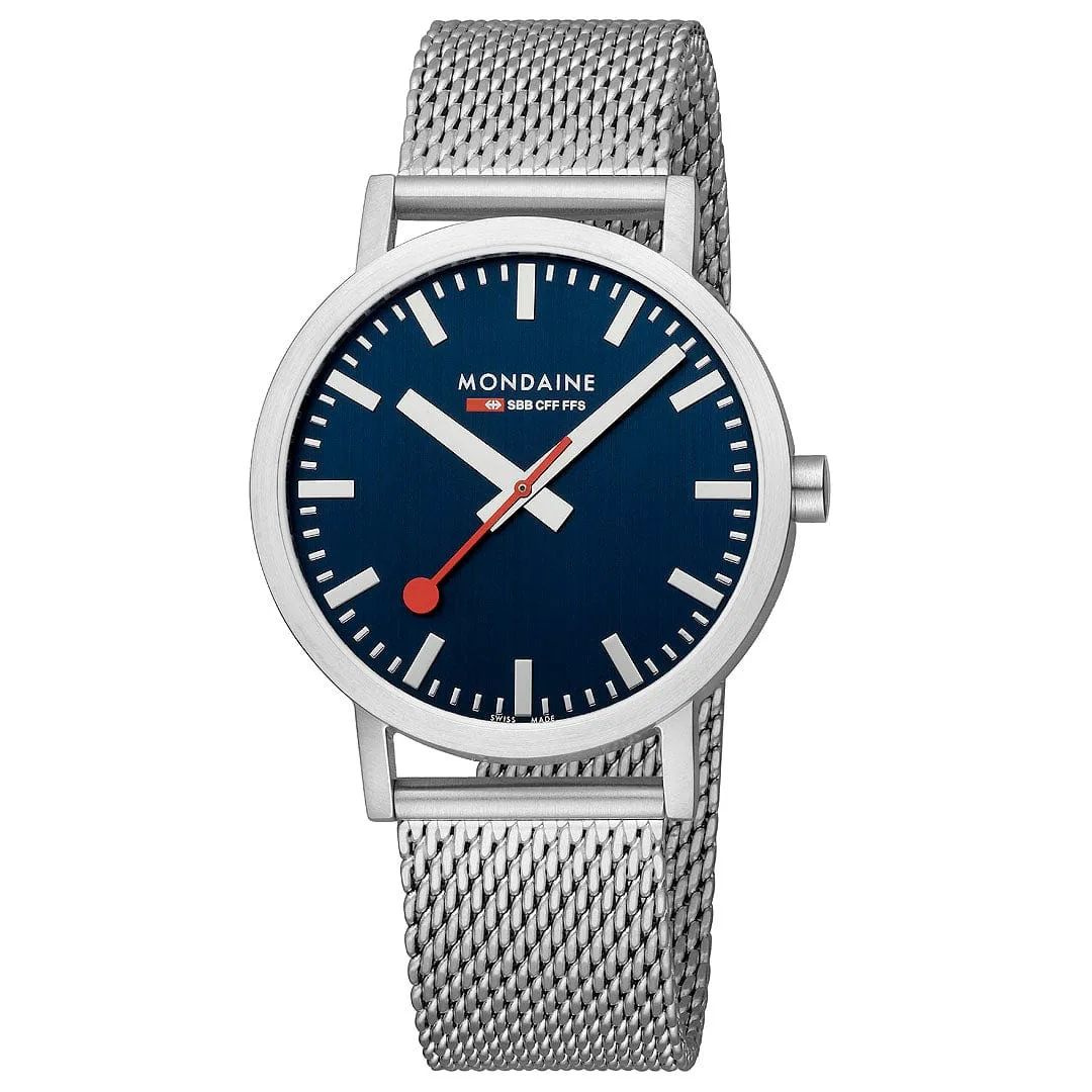 MONDAINE CLASSIC DEEP OCEAN BLUE LARGE SILVER-CASE WATCH A660.30360.40SBJ  40MM