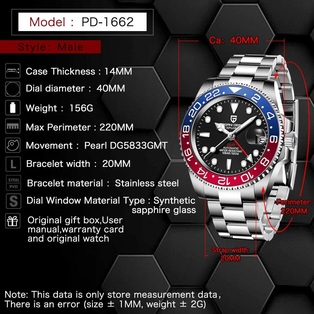 PAGANI DESIGN Sapphire Glass 40MM Ceramic GMT Mechanical Watches 100m Waterproof Classic Fashion Luxury Automatic Watch for Men
