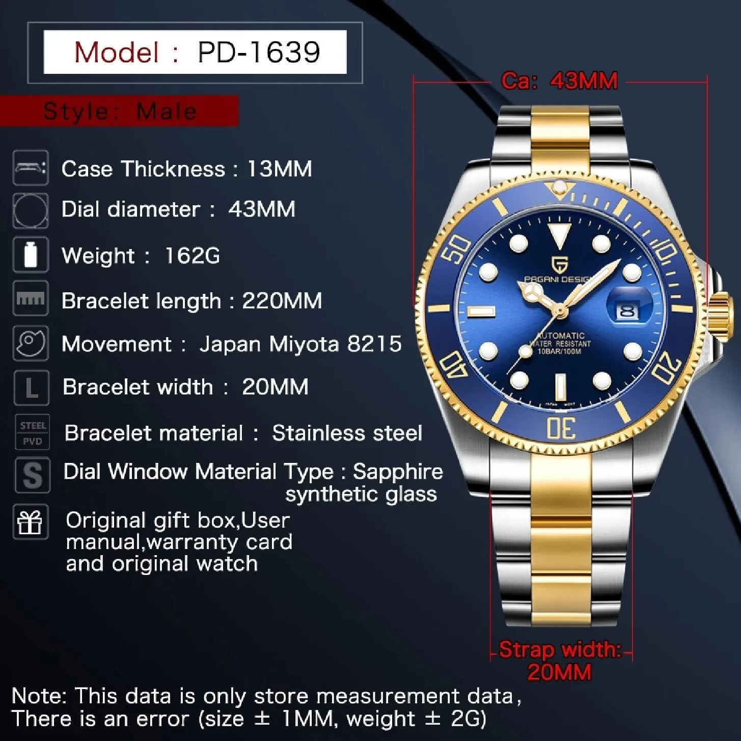 PAGANI DESIGN Water Ghost Series Classic Blue Dial Luxury Men Automatic Watches Stainless Steel 100m Waterproof Mechanical Watch