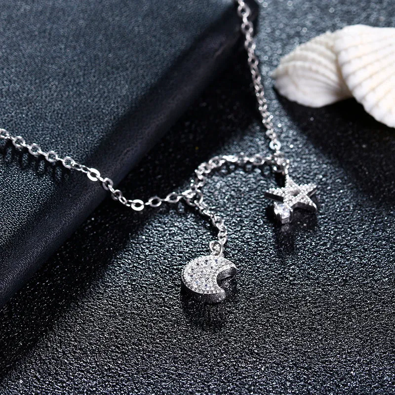 Personality Star And Moon Asymmetric Sterling Silver Anklet