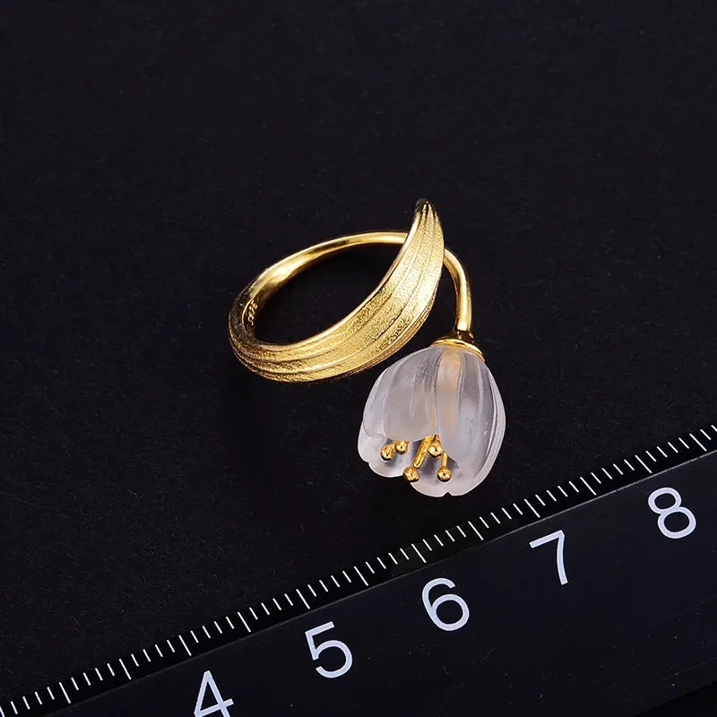 Real 925 Sterling Silver Natural Crystal Handmade Fine Jewelry Lily of the Valley Flower Jewelry Set For Women