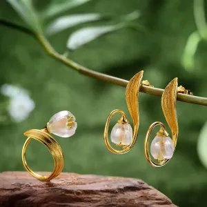 Real 925 Sterling Silver Natural Crystal Handmade Fine Jewelry Lily of the Valley Flower Jewelry Set For Women