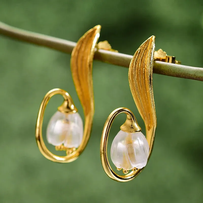 Real 925 Sterling Silver Natural Crystal Handmade Fine Jewelry Lily of the Valley Flower Jewelry Set For Women