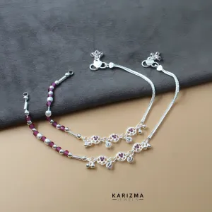 Real Silver Indian women unique trendy pink CZ Anklets Ankle Pair 10.5"