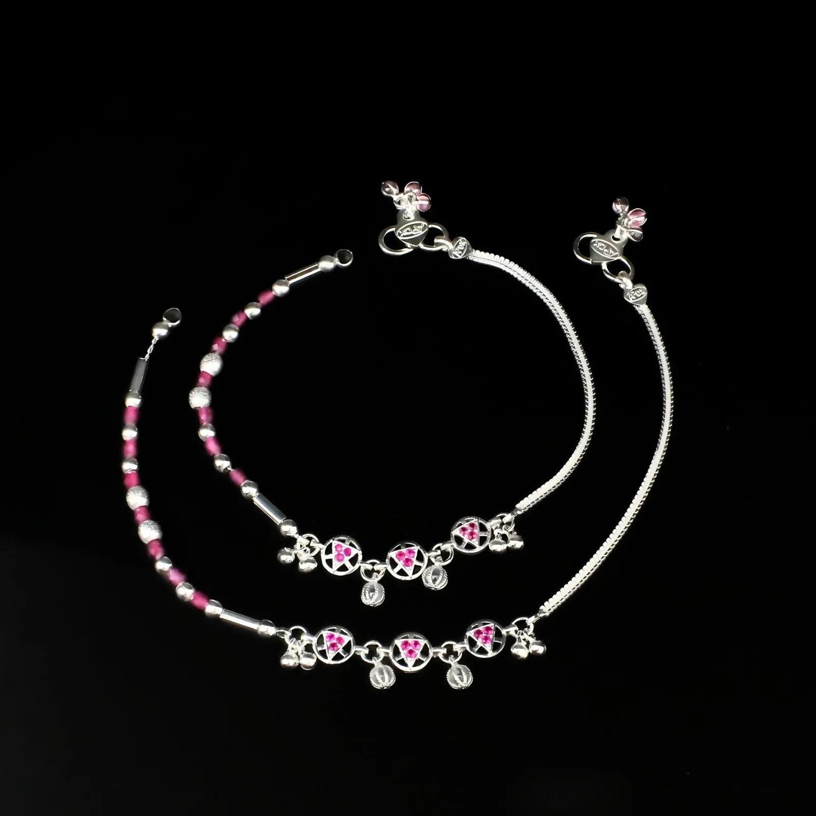 Real Silver Indian women unique trendy pink CZ Anklets Ankle Pair 10.5"