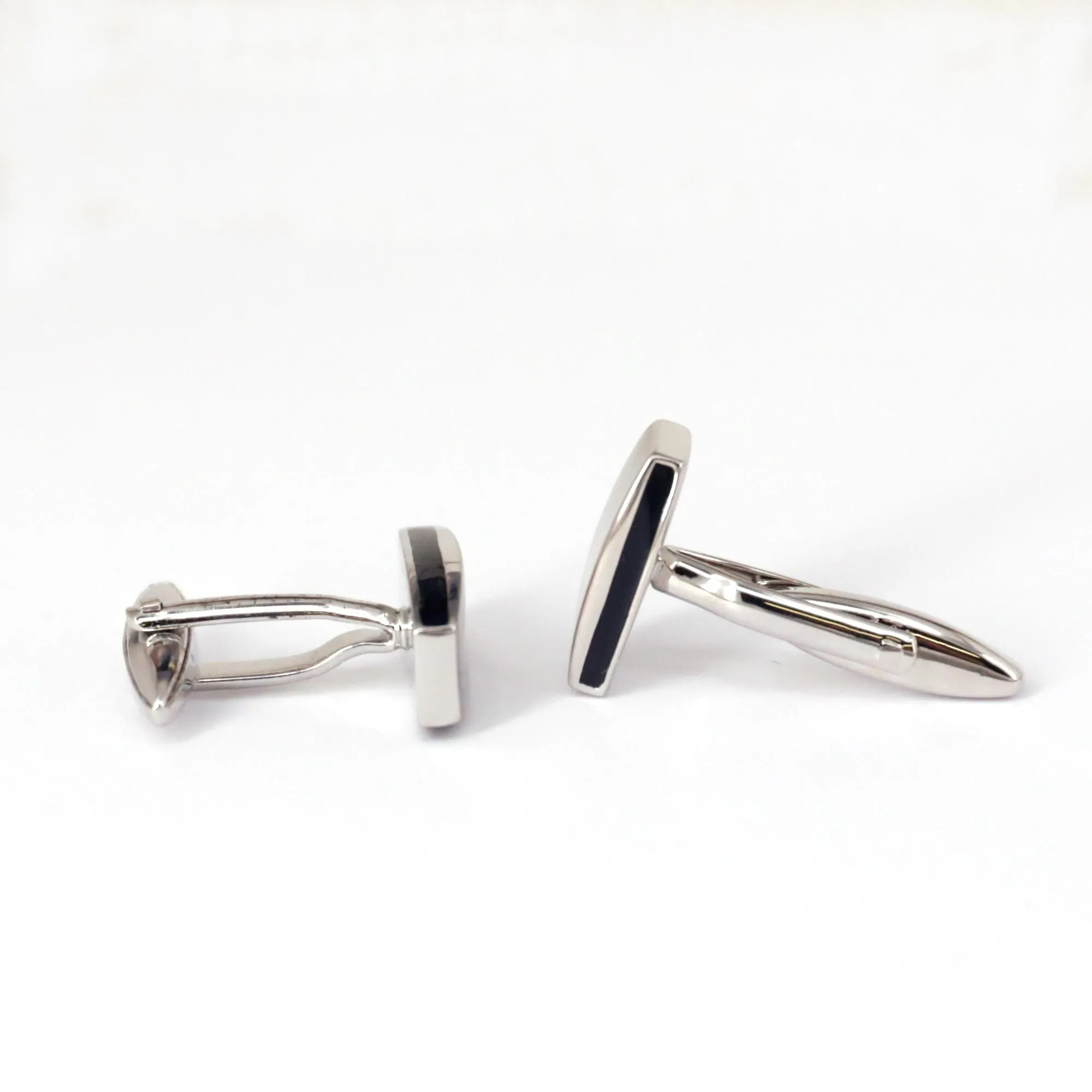 Rectangle Silver Cufflinks with Smooth Edge and Black Enamel Interlining (Online Exclusive)